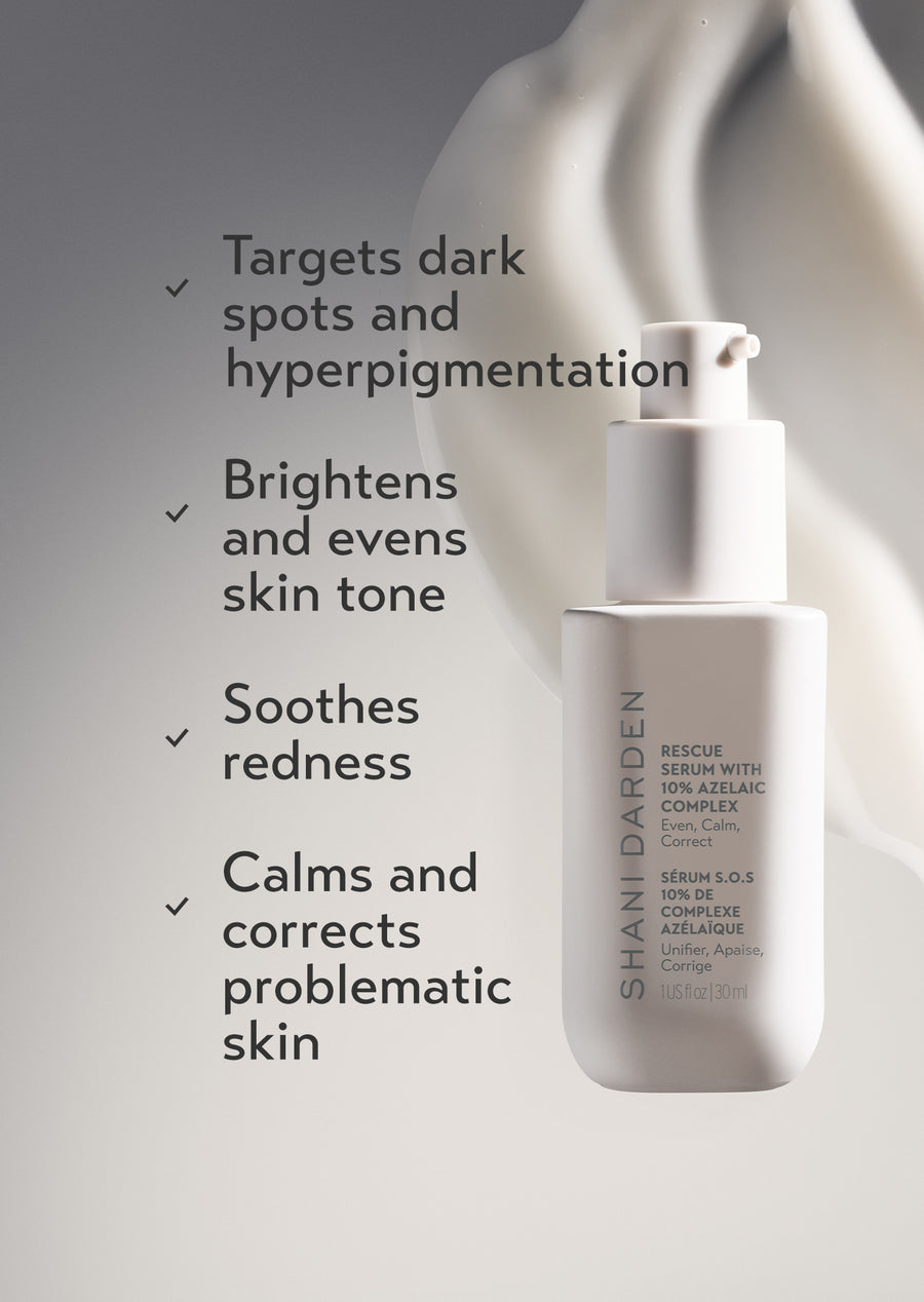 shani darden rescue serum with 10% azelaic acid complex bottle shown with product benefits: targets dark spots, brightens skin tone, soothes redness, and calms problematic skin.