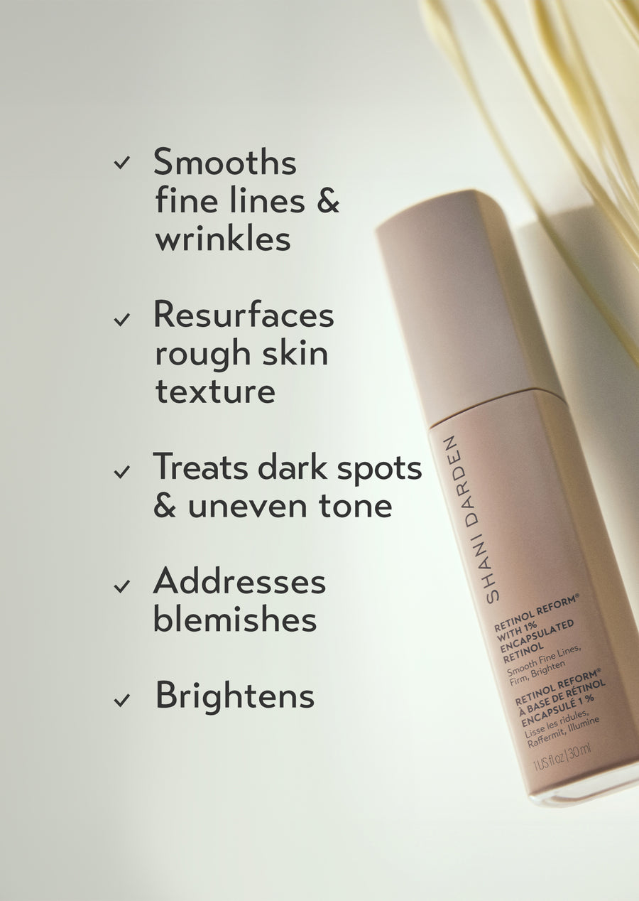shani darden retinol reform 1 % encapsulated retinol serum bottle with benefit claims including smoothing, brightening, and treating dark spots