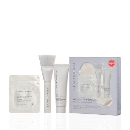 Shani Darden Triple Acid Signature Peel Mini travel-size set including peel solution, neutralizing mask, applicator brush, and outer packaging