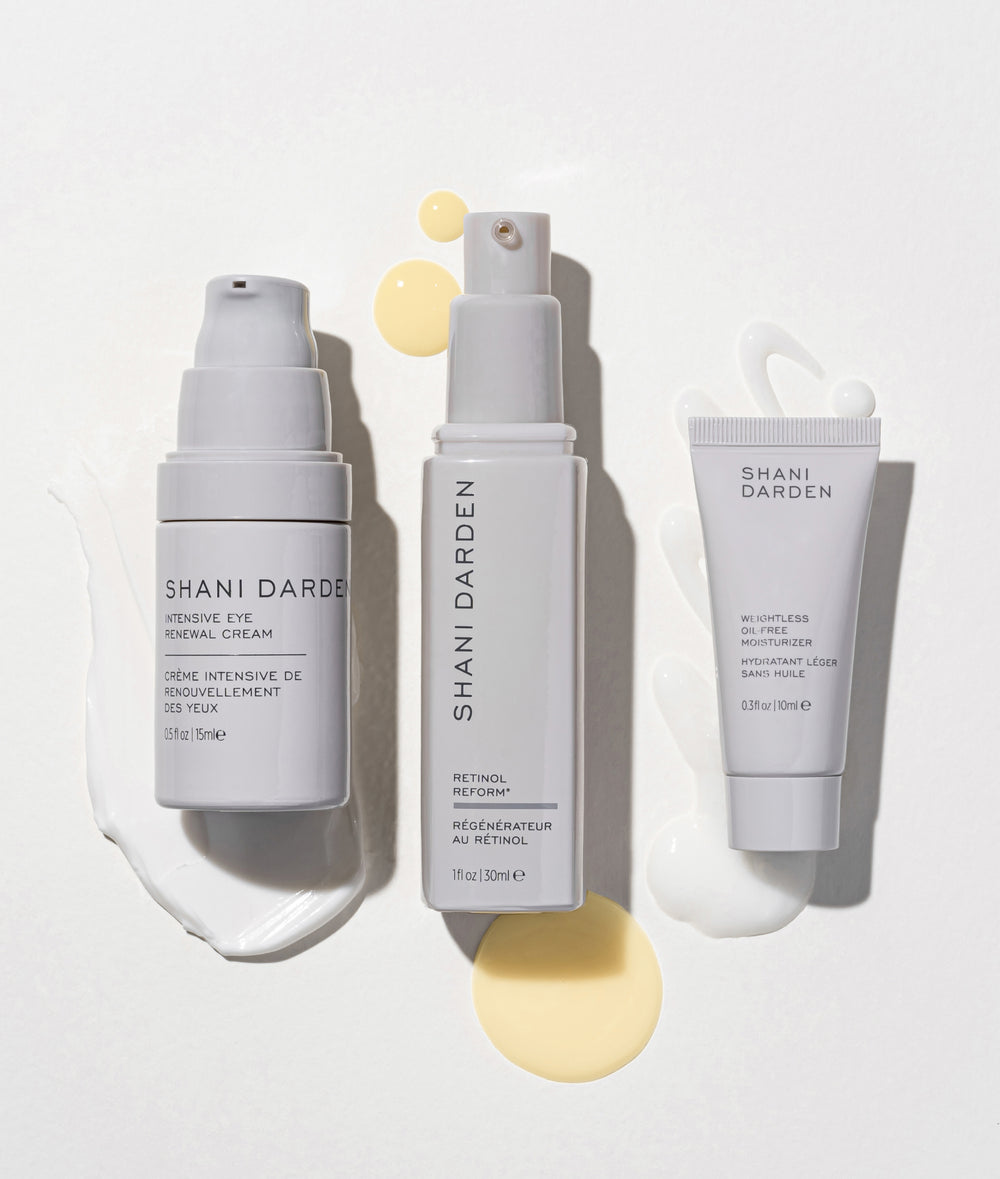 shani darden age reverse duo, from left to right: full size eye cream, full size retinol reform, deluxe sample weightless oil free moisturizer