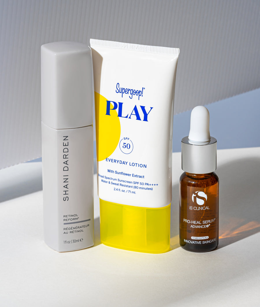 dark spot defense set, from left to right: retinol reform, supergoop play everyday spf 50, is clinical pro heal serum advance plus