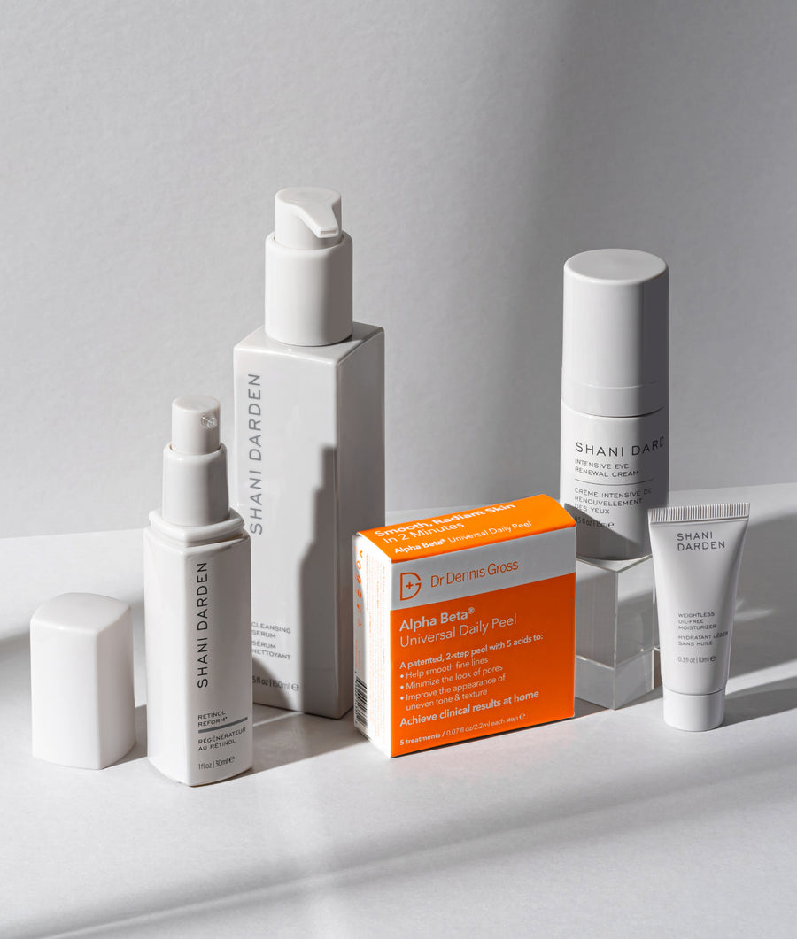 overnight transformation set, from left to right: full size retinol reform, full size cleansing serum, 5 pack dr. dennis gross alpha beta peel pads, full size intensive eye renewal cream, deluxe sample weightless oil free moisturizer
