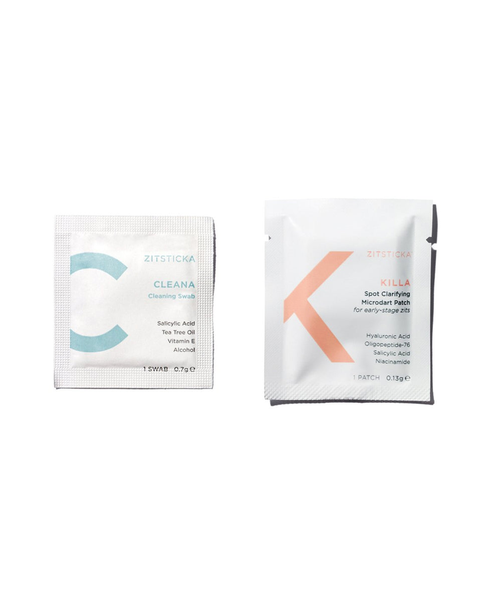 from left to right: zitsticka cleana cleaning swab, zitsticka killa spot clarifying microdart patch