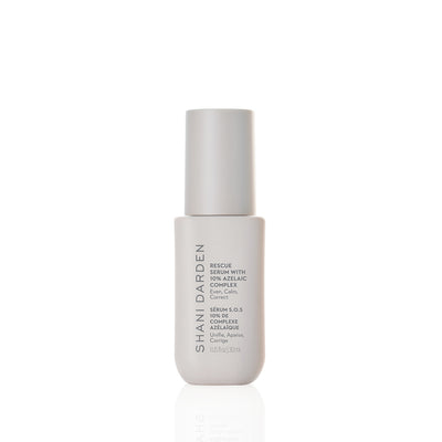 Shani Darden Rescue Serum bottle with 10% Azelaic Acid Complex, shown upright on a white background with reflective base